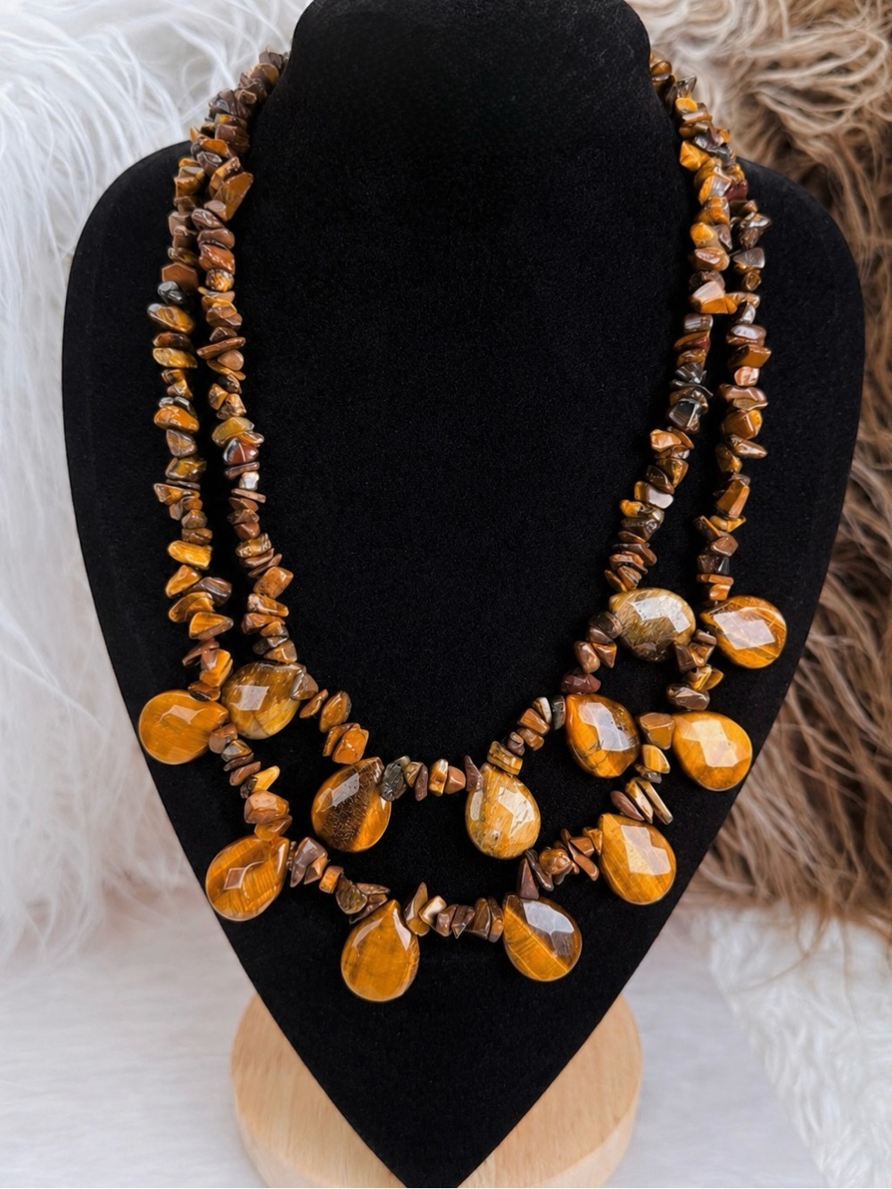 Weighted Brown Gold Teardrop Bead Statement Necklace Chunky Bib Vintage Style